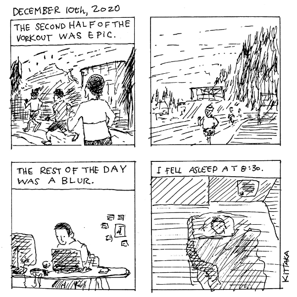 a four panel comic about a track workout and sleep