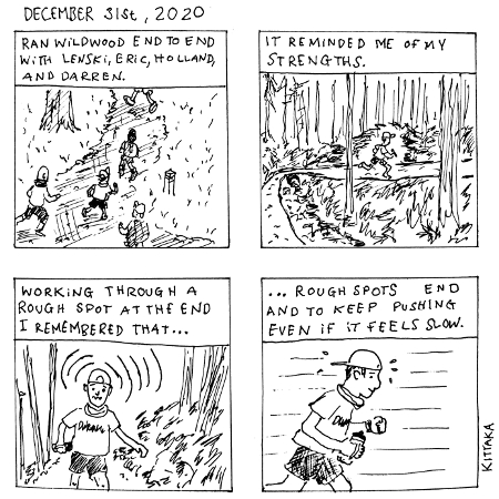 A four panel comic about running Wildwood end to end