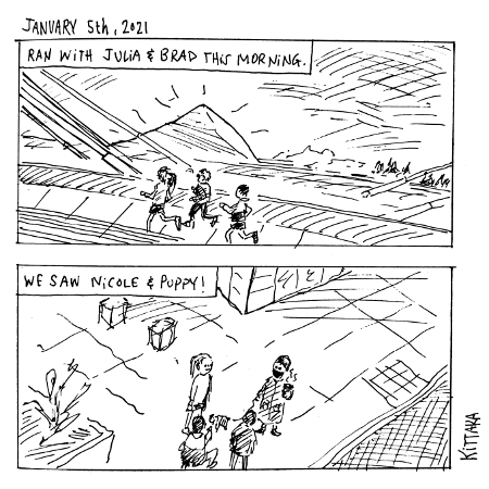 A two panel comic about running with Brad and Julia