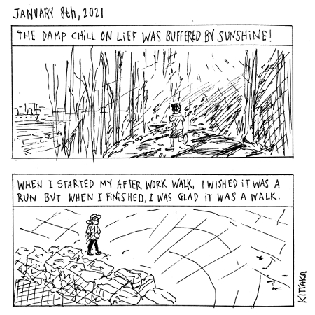 A two panel comic about running and walking