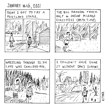 A four panel comic about running a track half marathon