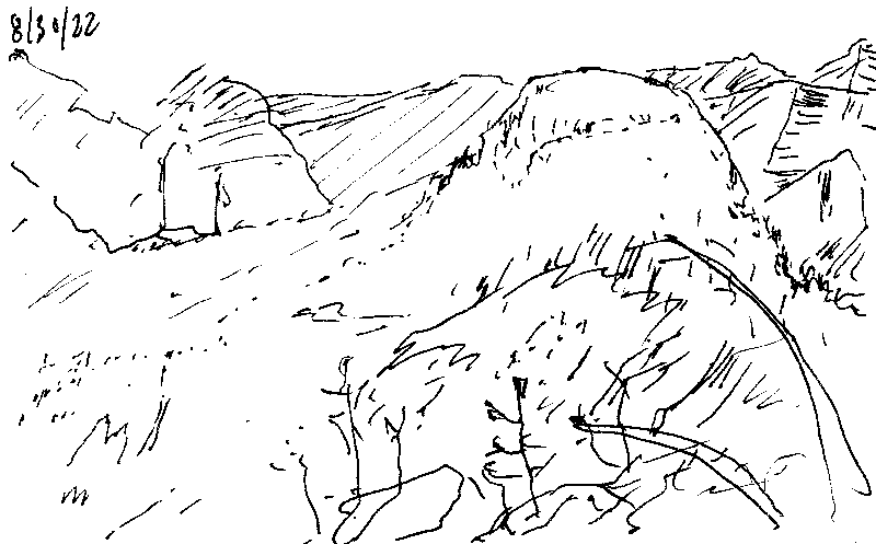 Black pen drawing looking southeast from the Eagle Cap summit.