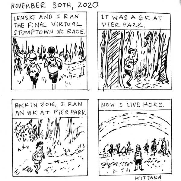 a four panel comic about running cross country at Pier Park
